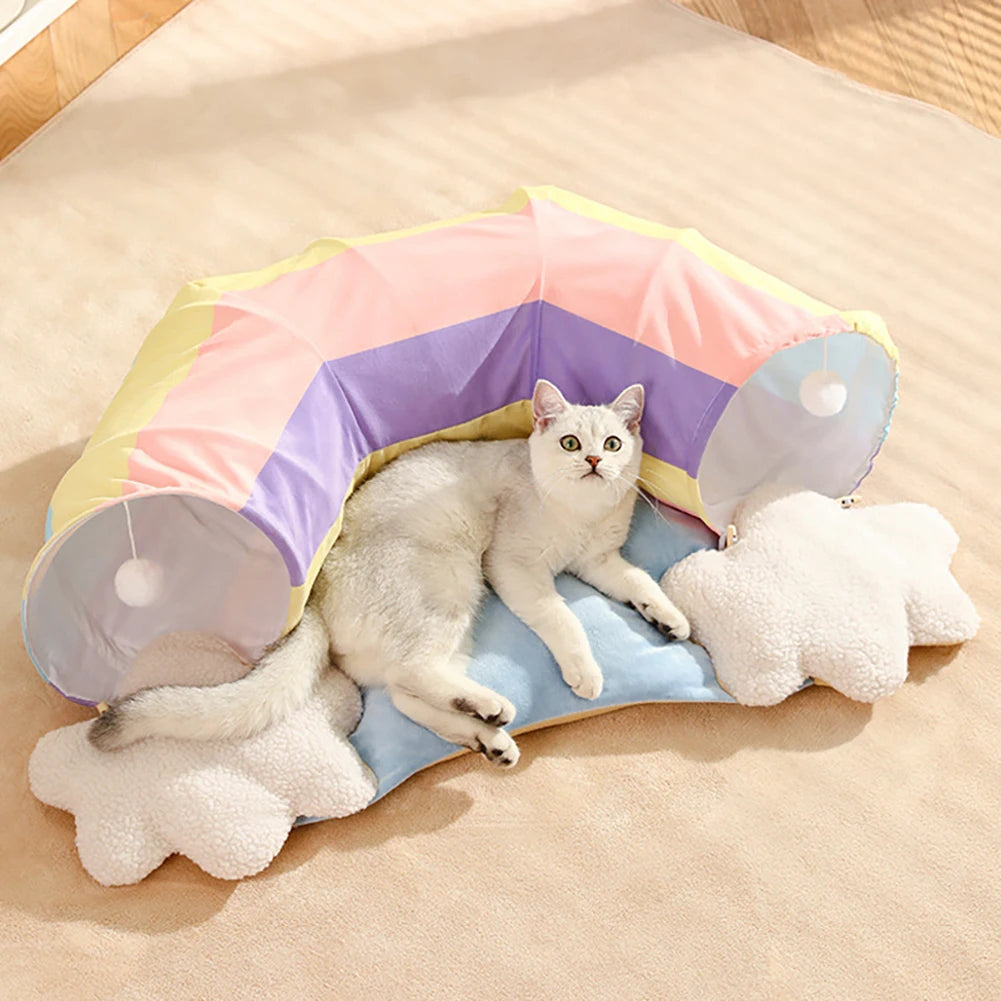 Cat Tubes and Tunnels Cat Tunnel Bed with Removable Cathole Tube Velvet Cushion Pet Snuggery Hideout for Rabbit Kitten Puppy