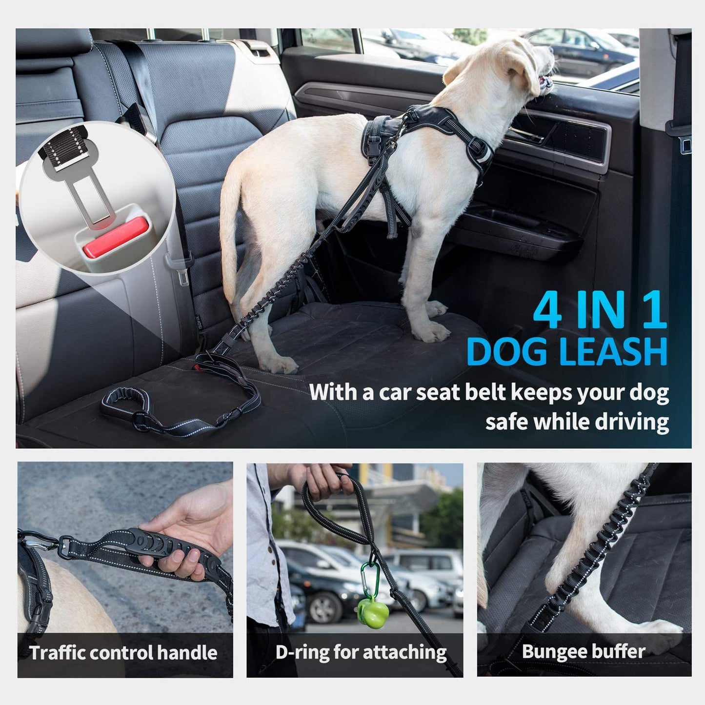 Dog Leash, Dog Leash for Large Dogs, Multifunctional Dog Leashes for Medium Dogs, Adjustable Dog Leash with Car Seatbelt, 4-6 FT Strong Bungee Dog Leash